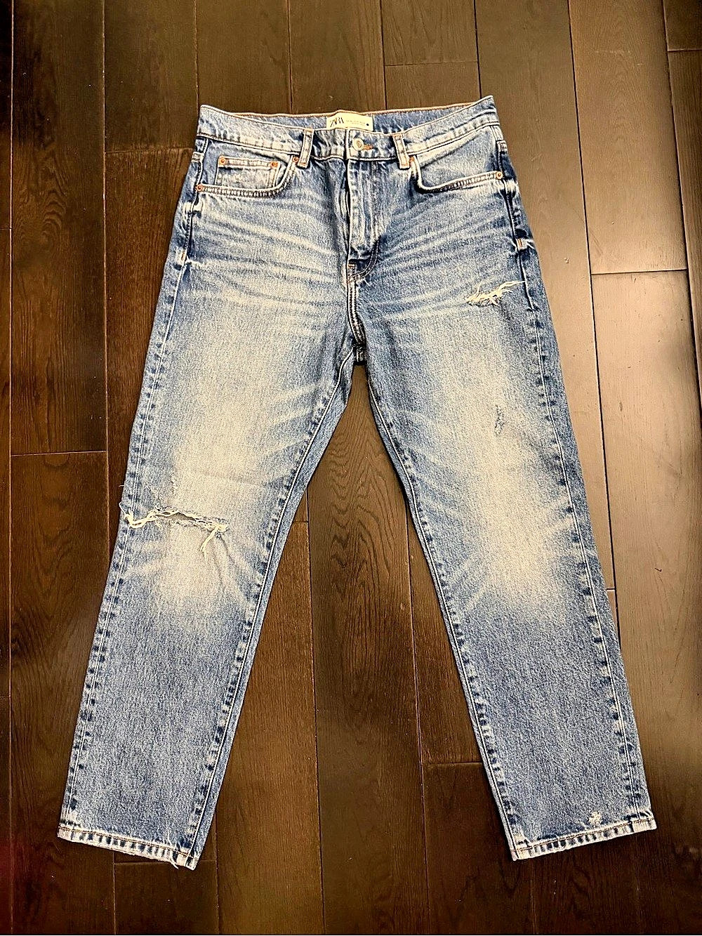 Zara Distressed Straight Leg Jeans in Blue